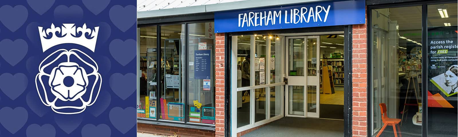 Fareham Library frontage and Hampshire libraries logotype