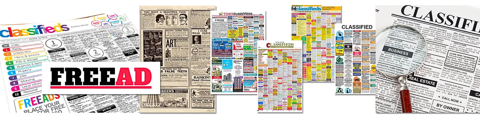 Composite image of typical FreeAd classified listings in regional print newspapers and magazines